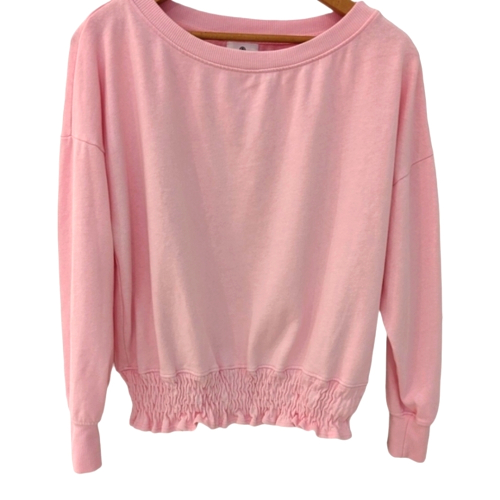 Sundry Smocked Waist Cotton Round Neck Long Sleeve Sweater Pink Small Made USA